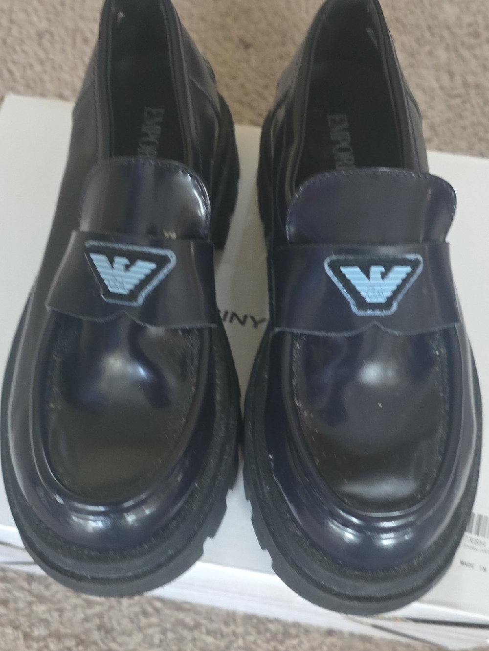Emporio Armani Navy Patent Loafers with Logo Patch